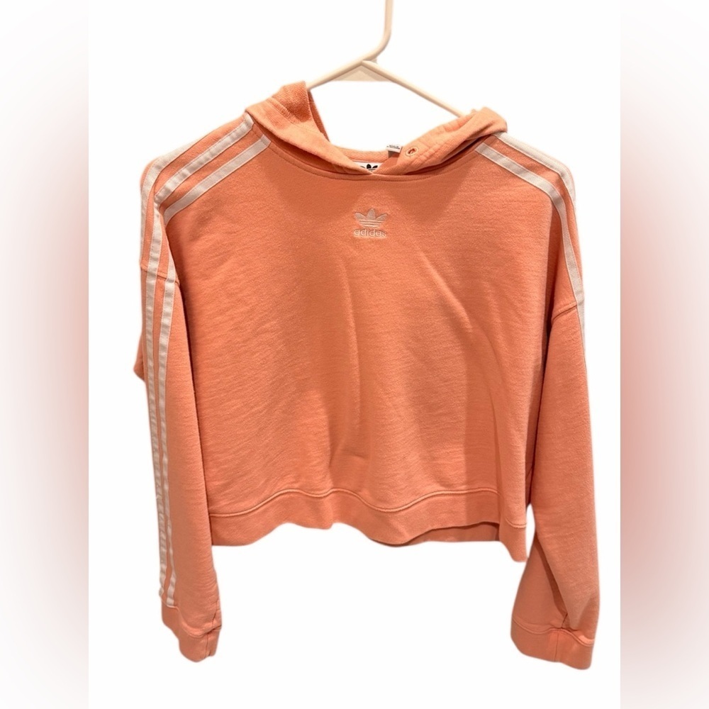 Adidas Sweater Womens Peach Trefoil Logo Crop Top Pullover Hoodie Size Small